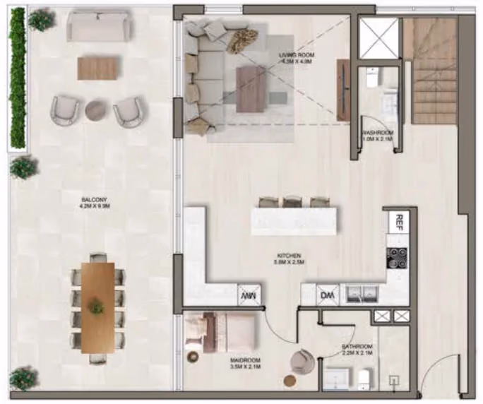 תוכנית 2 חדרי שינה · דופלקס · Duplex A ב־דירות על הנייר להשקעה Ghaff Land Residence בסטודיו סיטי, דובאי (קומה תחתונה)