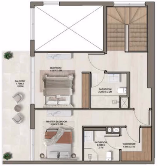 תוכנית 2 חדרי שינה · דופלקס · Duplex A ב־דירות על הנייר להשקעה Ghaff Land Residence בסטודיו סיטי, דובאי (קומה עליונה)