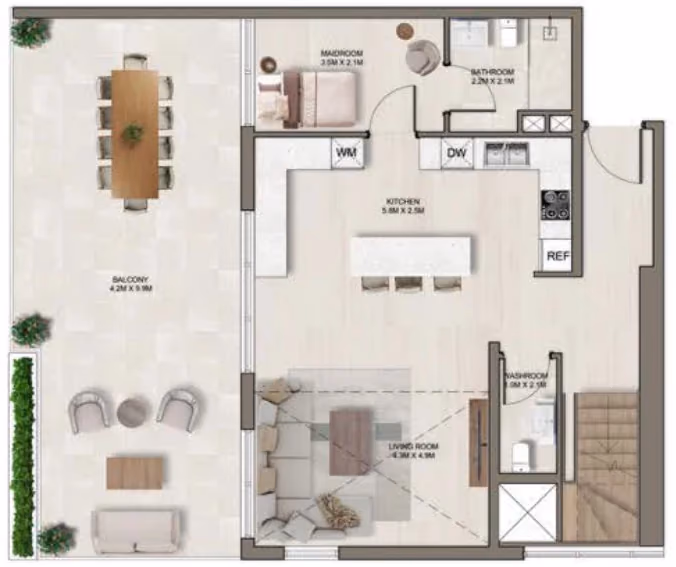 תוכנית 2 חדרי שינה · דופלקס · Duplex B ב־דירות על הנייר להשקעה Ghaff Land Residence בסטודיו סיטי, דובאי (קומה תחתונה)