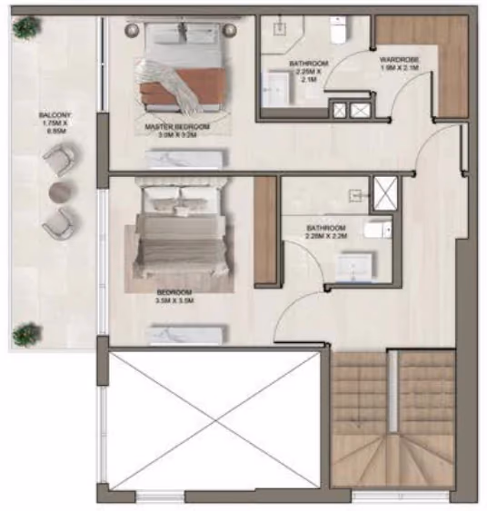 תוכנית 2 חדרי שינה · דופלקס · Duplex B ב־דירות על הנייר להשקעה Ghaff Land Residence בסטודיו סיטי, דובאי (קומה עליונה)