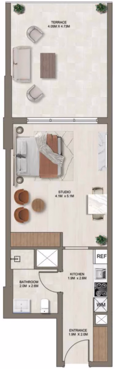 תוכנית סטודיו · B (1st floor) ב־דירות על הנייר להשקעה Ghaff Land Residence בסטודיו סיטי, דובאי