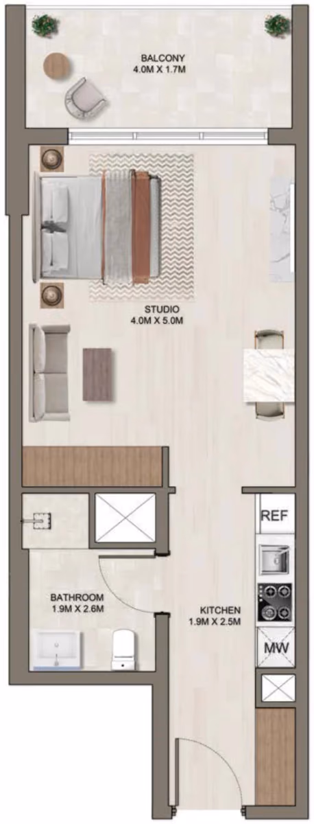 תוכנית סטודיו · B ב־דירות על הנייר להשקעה Ghaff Land Residence בסטודיו סיטי, דובאי