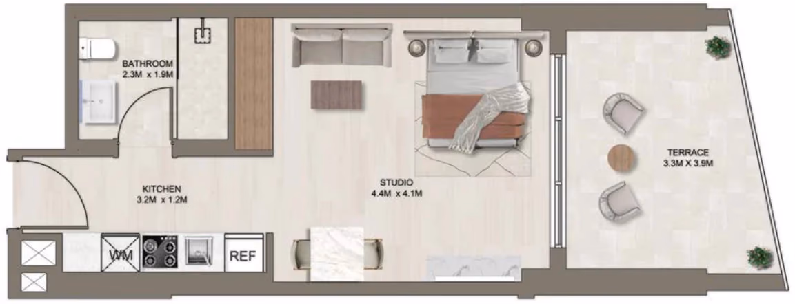 תוכנית סטודיו · C (1st floor) ב־דירות על הנייר להשקעה Ghaff Land Residence בסטודיו סיטי, דובאי