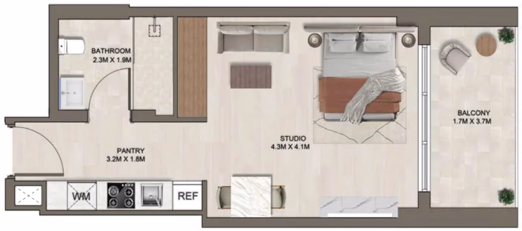 תוכנית סטודיו · C ב־דירות על הנייר להשקעה Ghaff Land Residence בסטודיו סיטי, דובאי