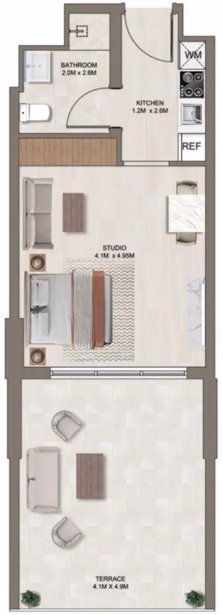 תוכנית סטודיו · D (1st floor) ב־דירות על הנייר להשקעה Ghaff Land Residence בסטודיו סיטי, דובאי