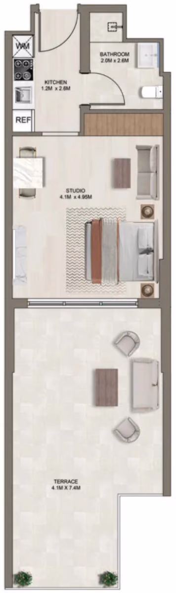 תוכנית סטודיו · E (1st floor) ב־דירות על הנייר להשקעה Ghaff Land Residence בסטודיו סיטי, דובאי