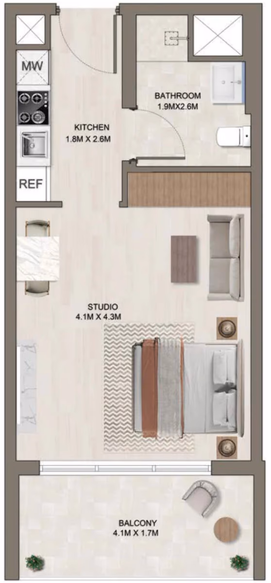תוכנית סטודיו · E ב־דירות על הנייר להשקעה Ghaff Land Residence בסטודיו סיטי, דובאי