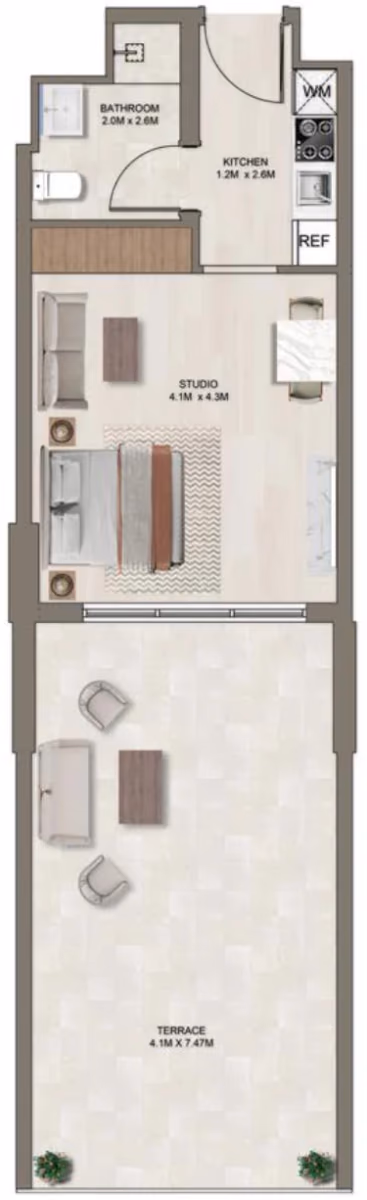 תוכנית סטודיו · F (1st floor) ב־דירות על הנייר להשקעה Ghaff Land Residence בסטודיו סיטי, דובאי