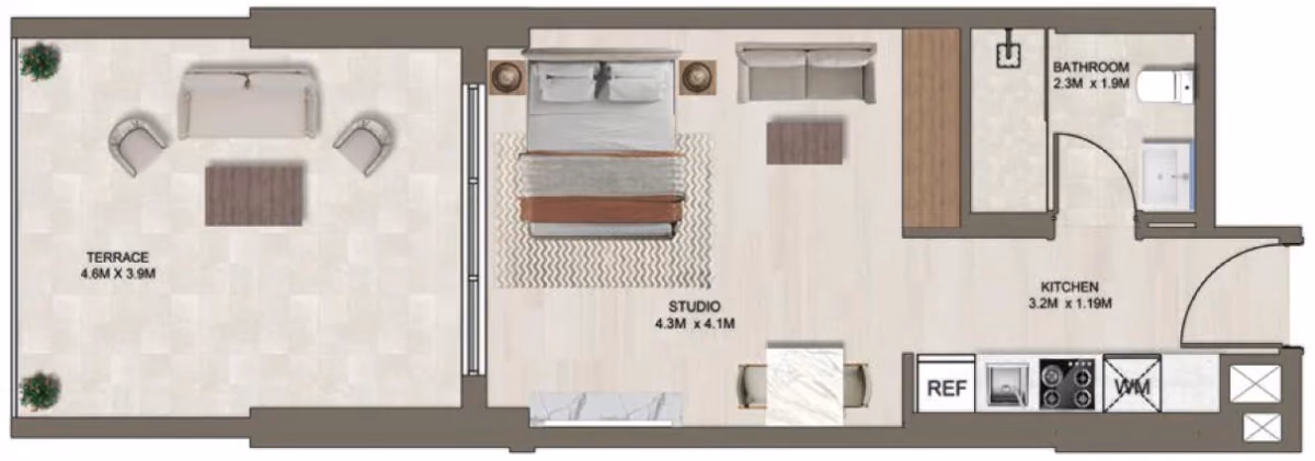 תוכנית סטודיו · H (1st floor) ב־דירות על הנייר להשקעה Ghaff Land Residence בסטודיו סיטי, דובאי