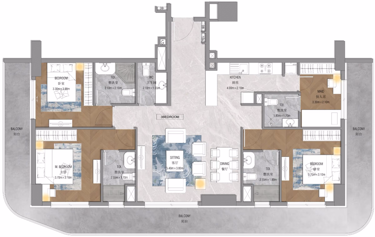 תוכנית 3 חדרי שינה · 3 Bed (F03) ב־נדל"ן להשקעה Forest City Tower, באזור Majan, דובאי