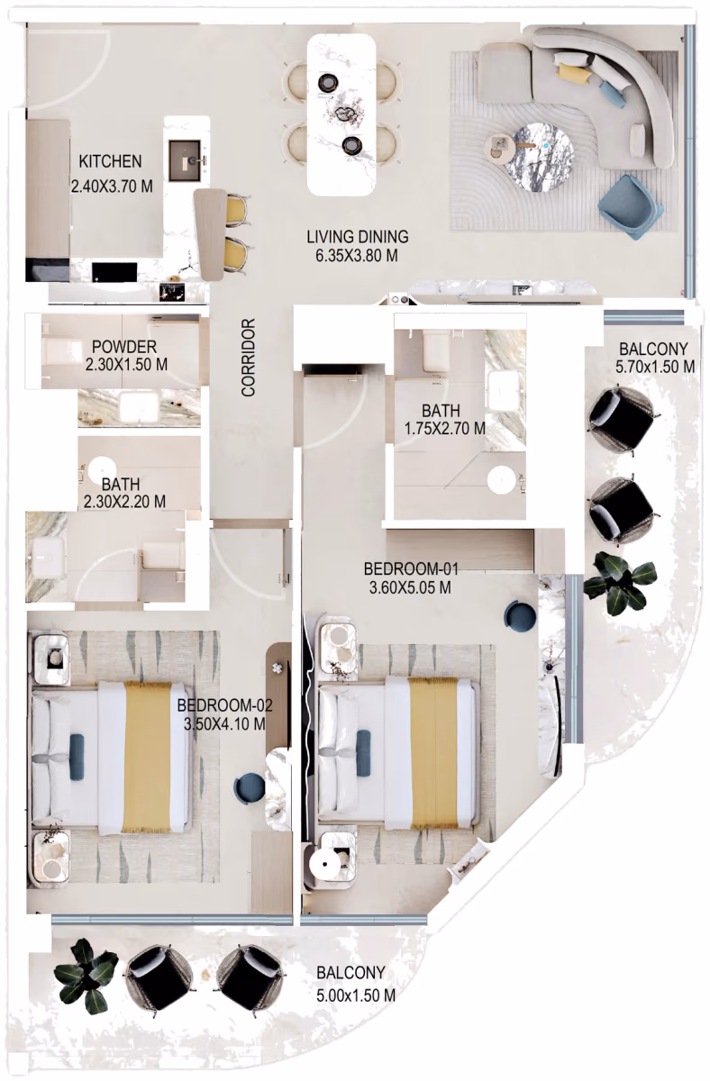 תוכנית 2 חדרי שינה · Type A ב־נדל"ן להשקעה Rabdan Gardens, באזור Jumeirah Garden City, דובאי
