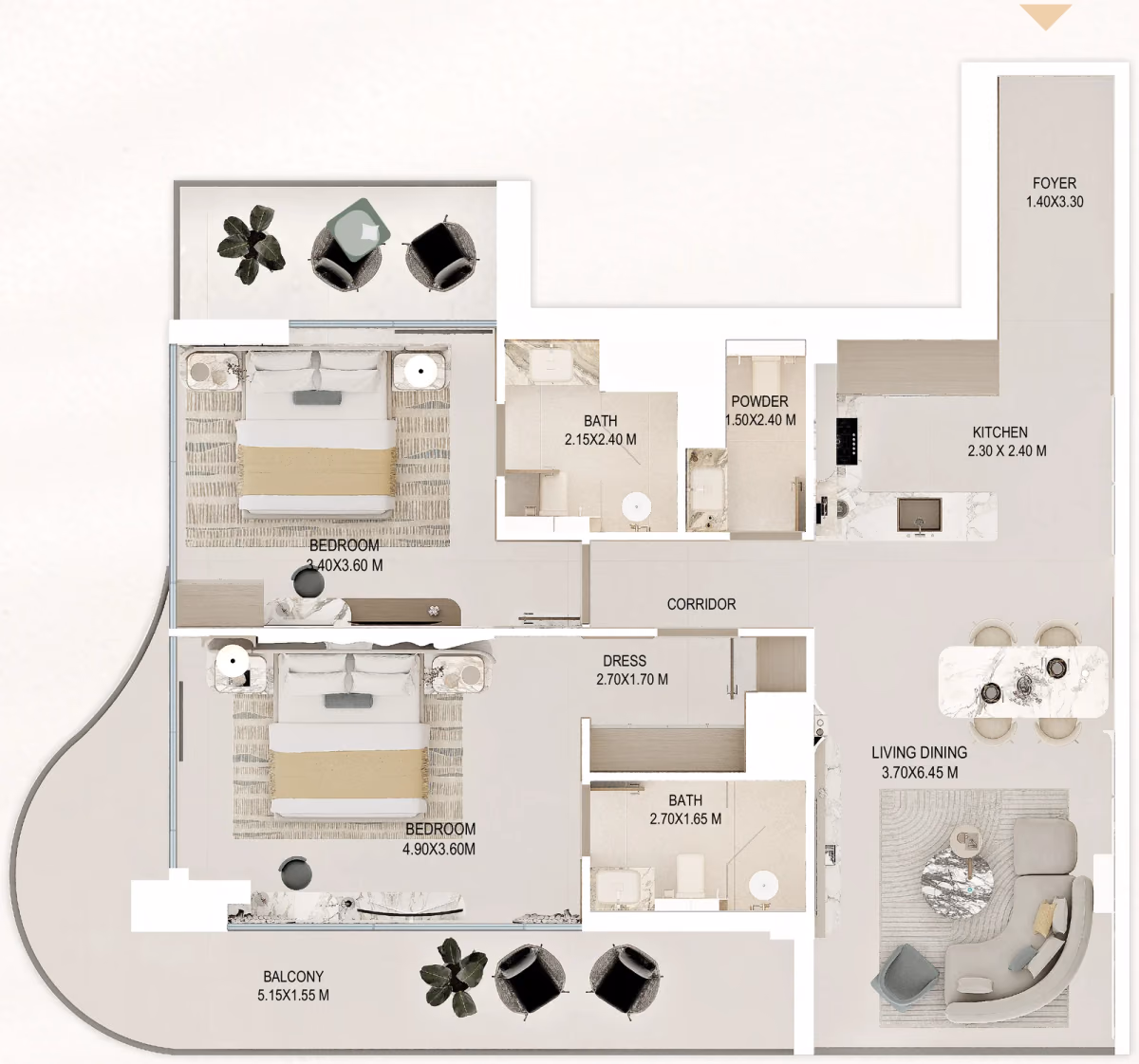 תוכנית 2 חדרי שינה · Type B ב־נדל"ן להשקעה Rabdan Gardens, באזור Jumeirah Garden City, דובאי