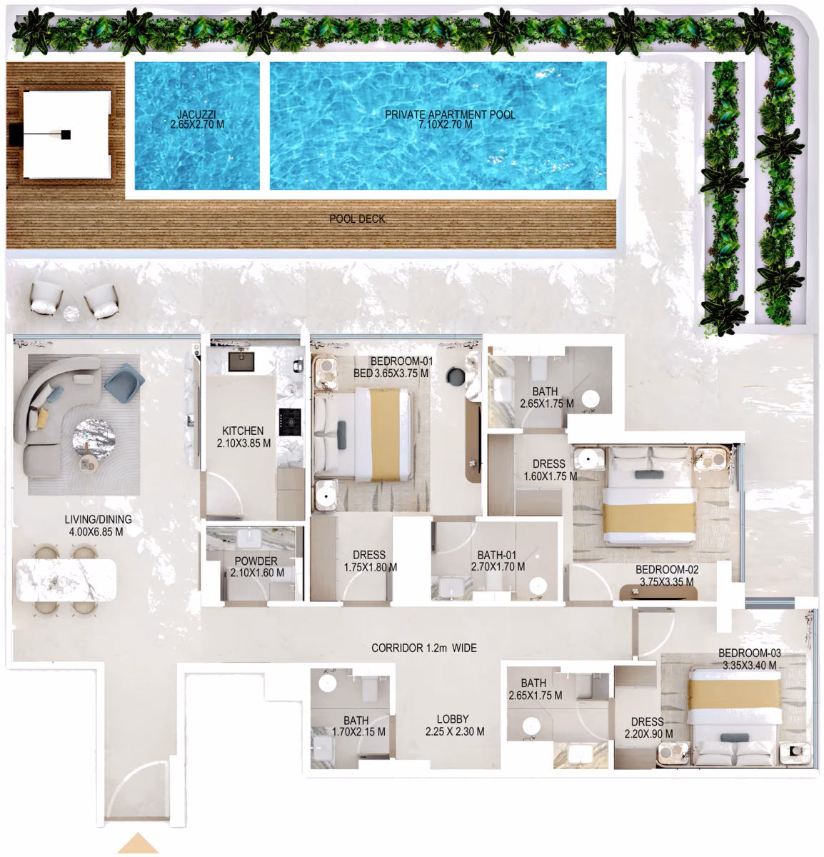 תוכנית 3 חדרי שינה · Unit 105 ב־נדל"ן להשקעה Rabdan Gardens, באזור Jumeirah Garden City, דובאי