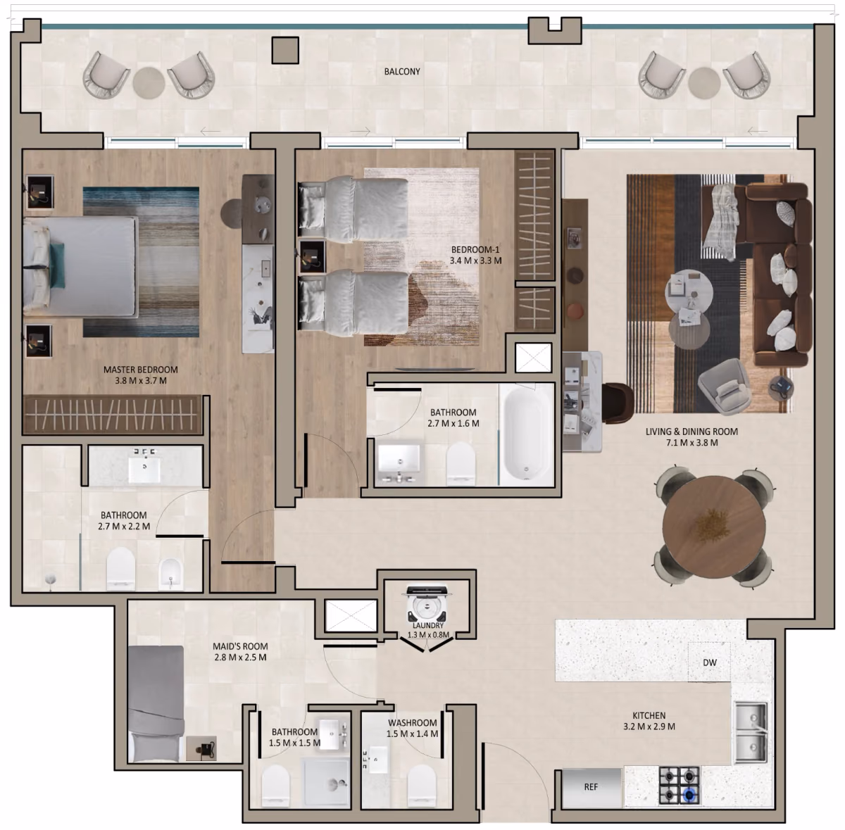 תוכנית 2 חדרי שינה · Type A, 4th floor ב־נדל"ן להשקעה Marriott Residences Sheikh Zayed Road, באזור Al Barsha, דובאי