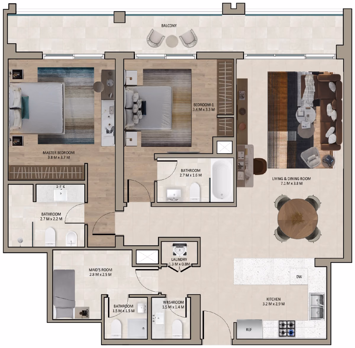 תוכנית 2 חדרי שינה · Type A ב־נדל"ן להשקעה Marriott Residences Sheikh Zayed Road, באזור Al Barsha, דובאי