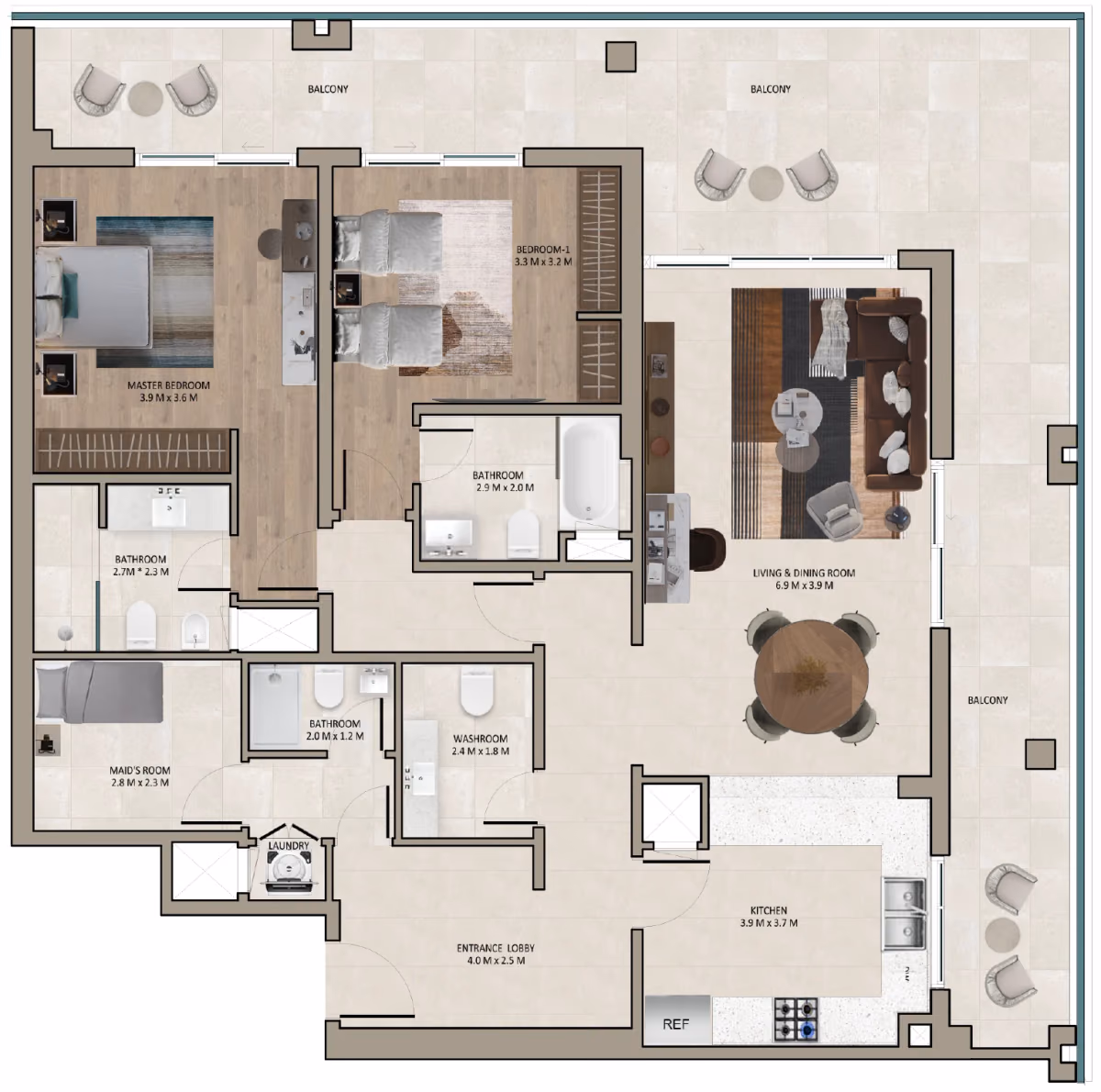 תוכנית 2 חדרי שינה · Type B, 4th floor ב־נדל"ן להשקעה Marriott Residences Sheikh Zayed Road, באזור Al Barsha, דובאי