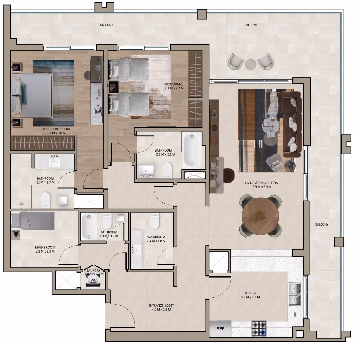 תוכנית 2 חדרי שינה · Type B ב־נדל"ן להשקעה Marriott Residences Sheikh Zayed Road, באזור Al Barsha, דובאי