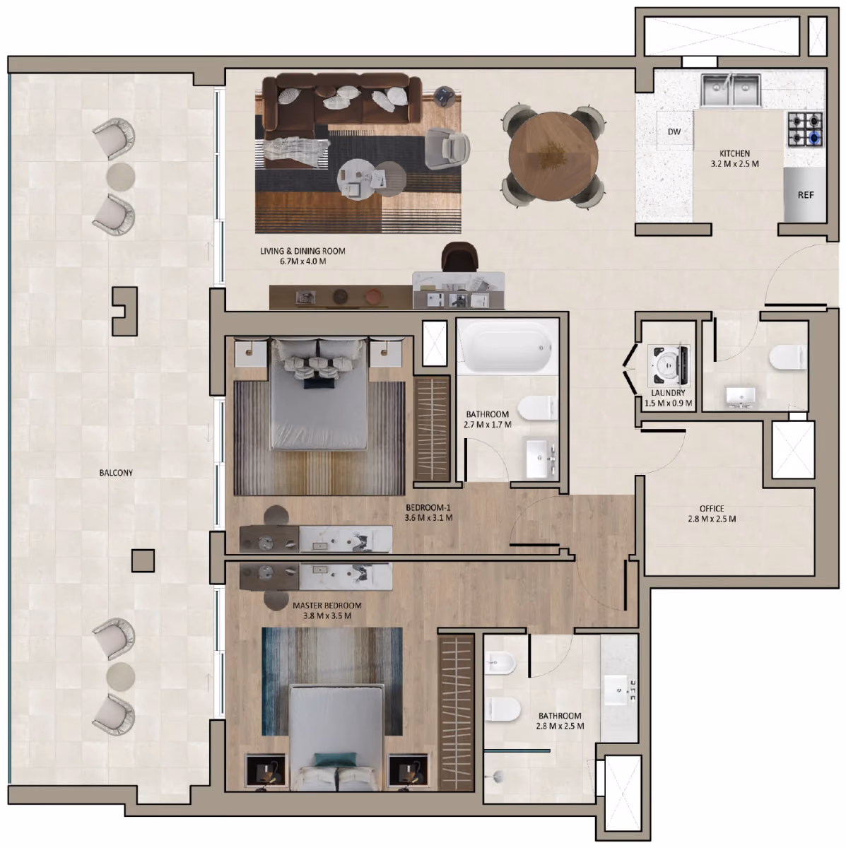 תוכנית 2 חדרי שינה · Type C, 4th floor ב־נדל"ן להשקעה Marriott Residences Sheikh Zayed Road, באזור Al Barsha, דובאי