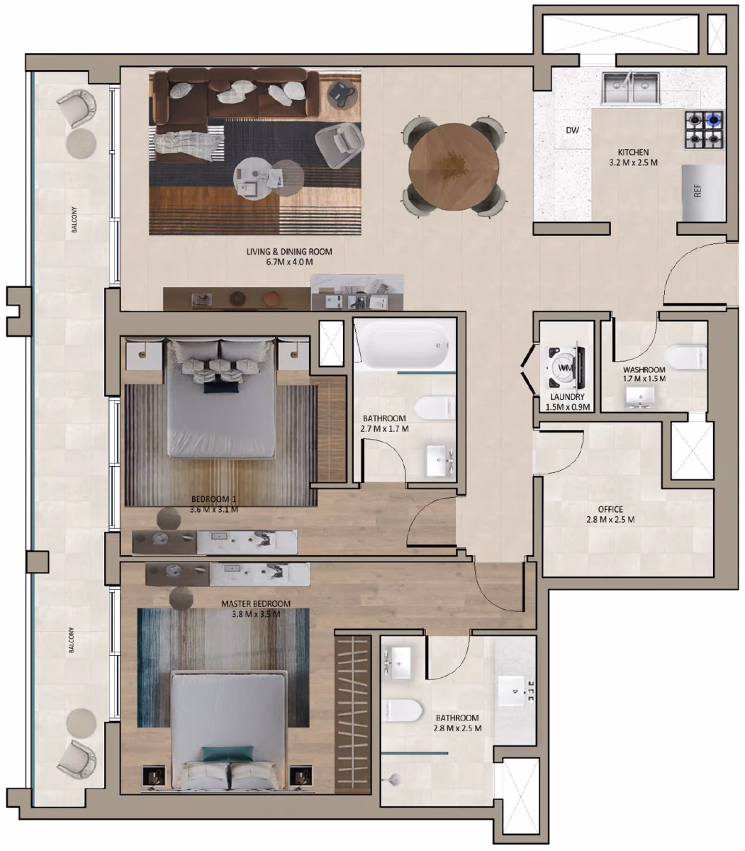 תוכנית 2 חדרי שינה · Type C ב־נדל"ן להשקעה Marriott Residences Sheikh Zayed Road, באזור Al Barsha, דובאי
