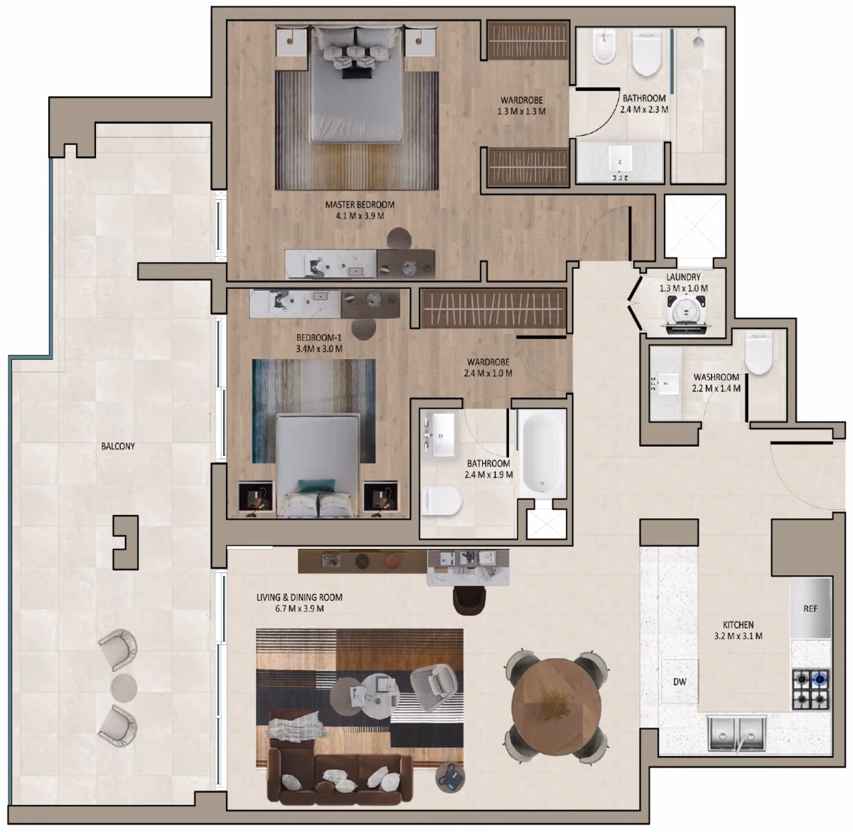 תוכנית 2 חדרי שינה · Type D, 4th floor ב־נדל"ן להשקעה Marriott Residences Sheikh Zayed Road, באזור Al Barsha, דובאי