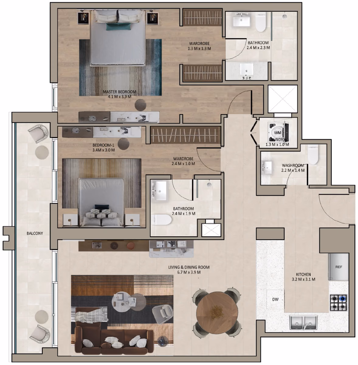 תוכנית 2 חדרי שינה · Type D ב־נדל"ן להשקעה Marriott Residences Sheikh Zayed Road, באזור Al Barsha, דובאי