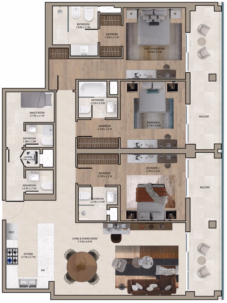 תוכנית 3 חדרי שינה · Type A, 4th floor ב־נדל"ן להשקעה Marriott Residences Sheikh Zayed Road, באזור Al Barsha, דובאי