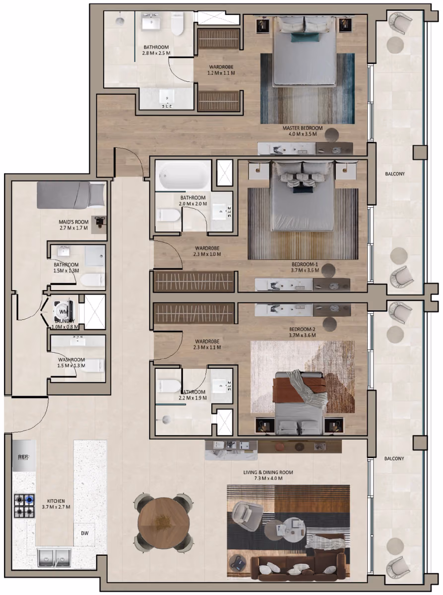 תוכנית 3 חדרי שינה · Type A ב־נדל"ן להשקעה Marriott Residences Sheikh Zayed Road, באזור Al Barsha, דובאי