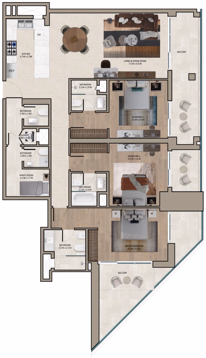 תוכנית 3 חדרי שינה · Type B, 4th floor ב־נדל"ן להשקעה Marriott Residences Sheikh Zayed Road, באזור Al Barsha, דובאי