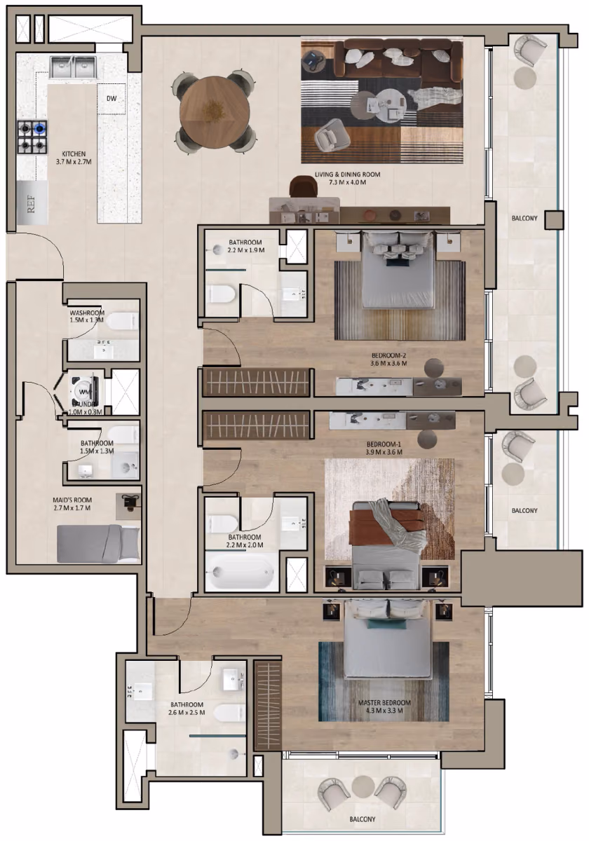 תוכנית 3 חדרי שינה · Type B ב־נדל"ן להשקעה Marriott Residences Sheikh Zayed Road, באזור Al Barsha, דובאי