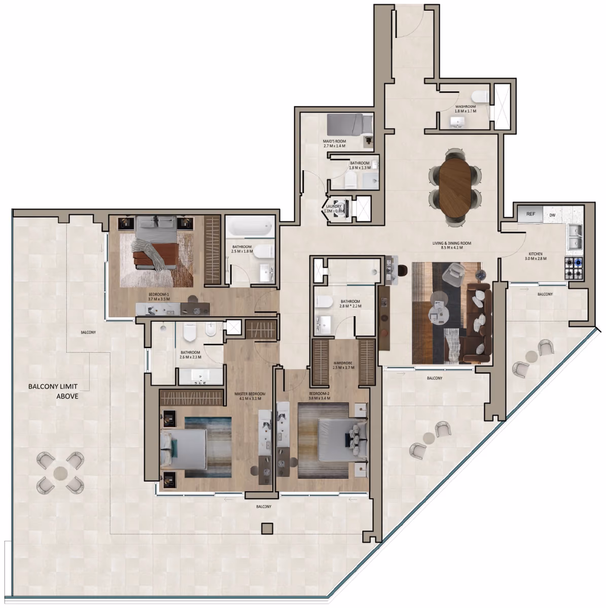 תוכנית 3 חדרי שינה · Type C, 4th floor ב־נדל"ן להשקעה Marriott Residences Sheikh Zayed Road, באזור Al Barsha, דובאי