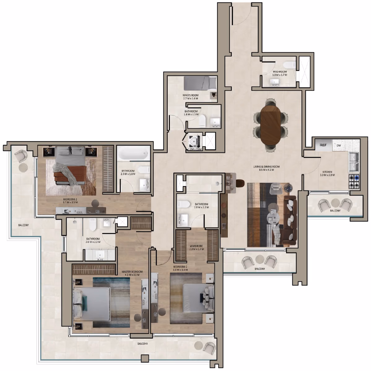 תוכנית 3 חדרי שינה · Type C ב־נדל"ן להשקעה Marriott Residences Sheikh Zayed Road, באזור Al Barsha, דובאי