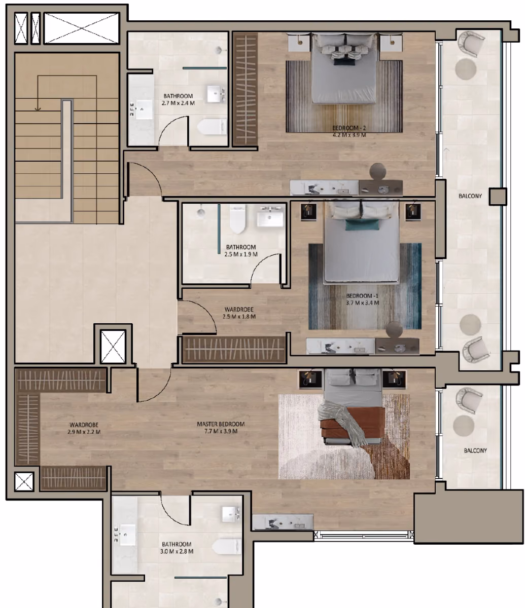 תוכנית 3 חדרי שינה · דופלקס · Duplex Type A ב־נדל"ן להשקעה Marriott Residences Sheikh Zayed Road, באזור Al Barsha, דובאי (קומה עליונה)