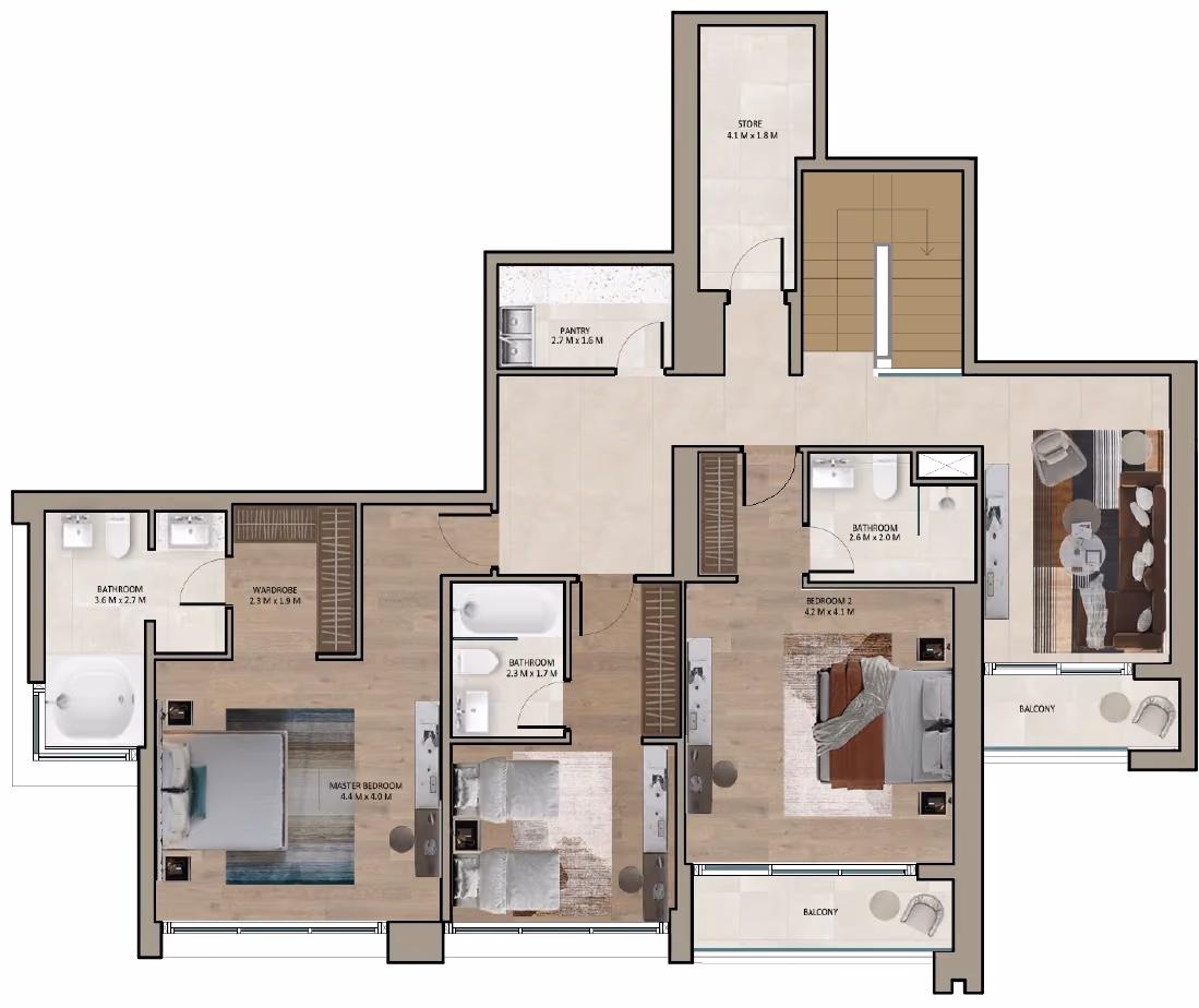 תוכנית 3 חדרי שינה · דופלקס · Duplex Type B ב־נדל"ן להשקעה Marriott Residences Sheikh Zayed Road, באזור Al Barsha, דובאי (קומה עליונה)