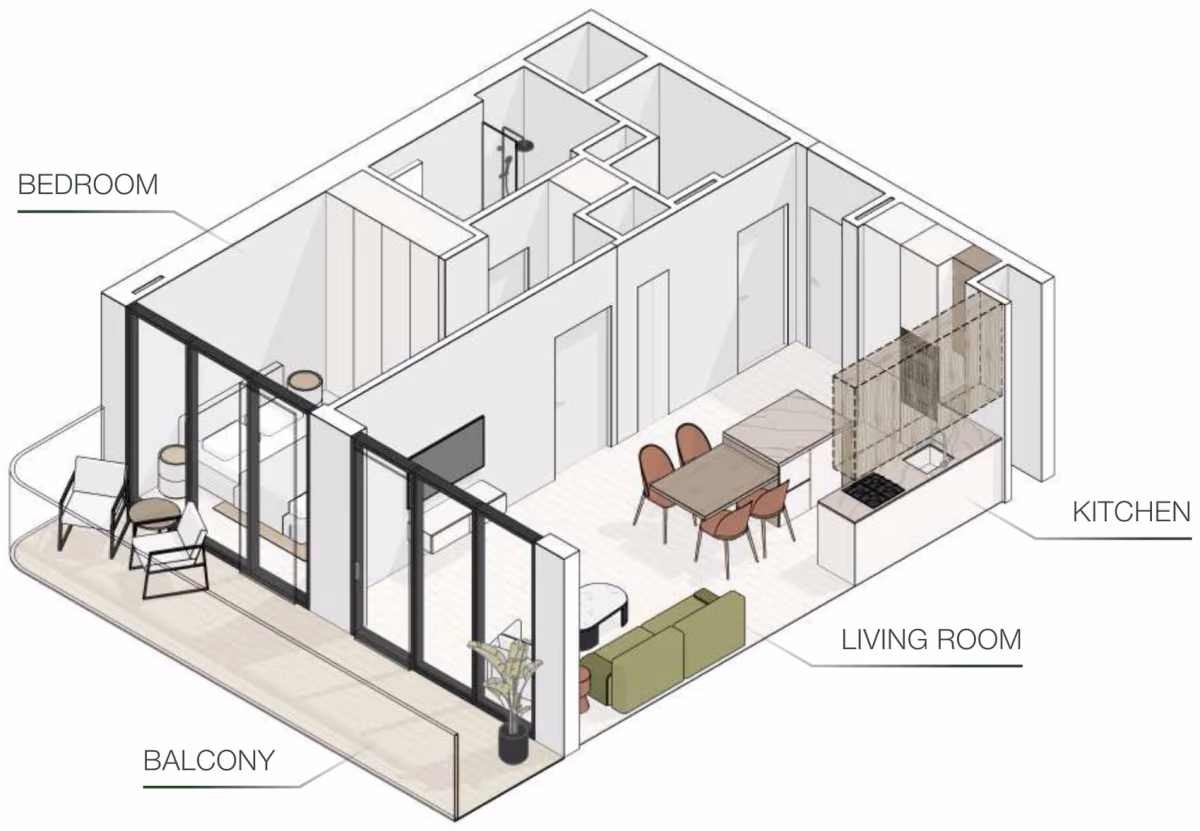 תוכנית חדר שינה אחד · Type B ב־נדל"ן להשקעה Object One EVERGR1N HOUSE, באזור Jumeirah Garden City, דובאי