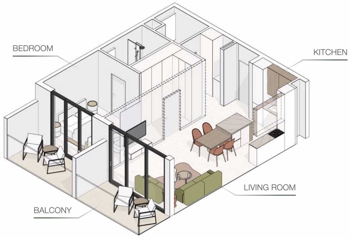 תוכנית חדר שינה אחד · Type C ב־נדל"ן להשקעה Object One EVERGR1N HOUSE, באזור Jumeirah Garden City, דובאי