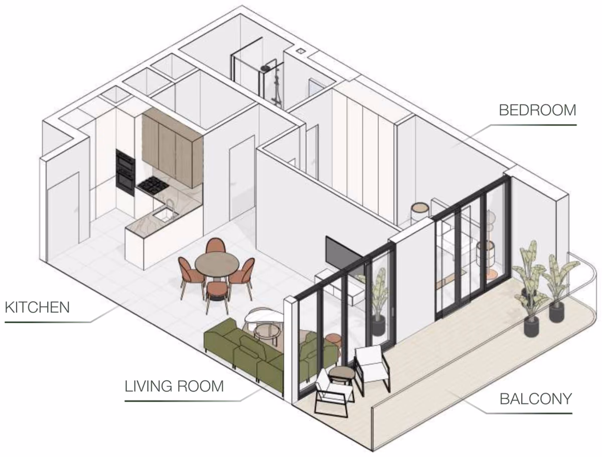 תוכנית חדר שינה אחד · Type F ב־נדל"ן להשקעה Object One EVERGR1N HOUSE, באזור Jumeirah Garden City, דובאי