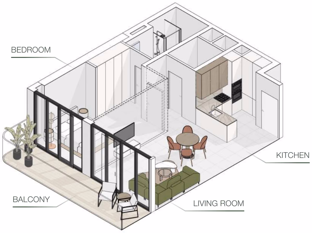 תוכנית חדר שינה אחד · Type G ב־נדל"ן להשקעה Object One EVERGR1N HOUSE, באזור Jumeirah Garden City, דובאי