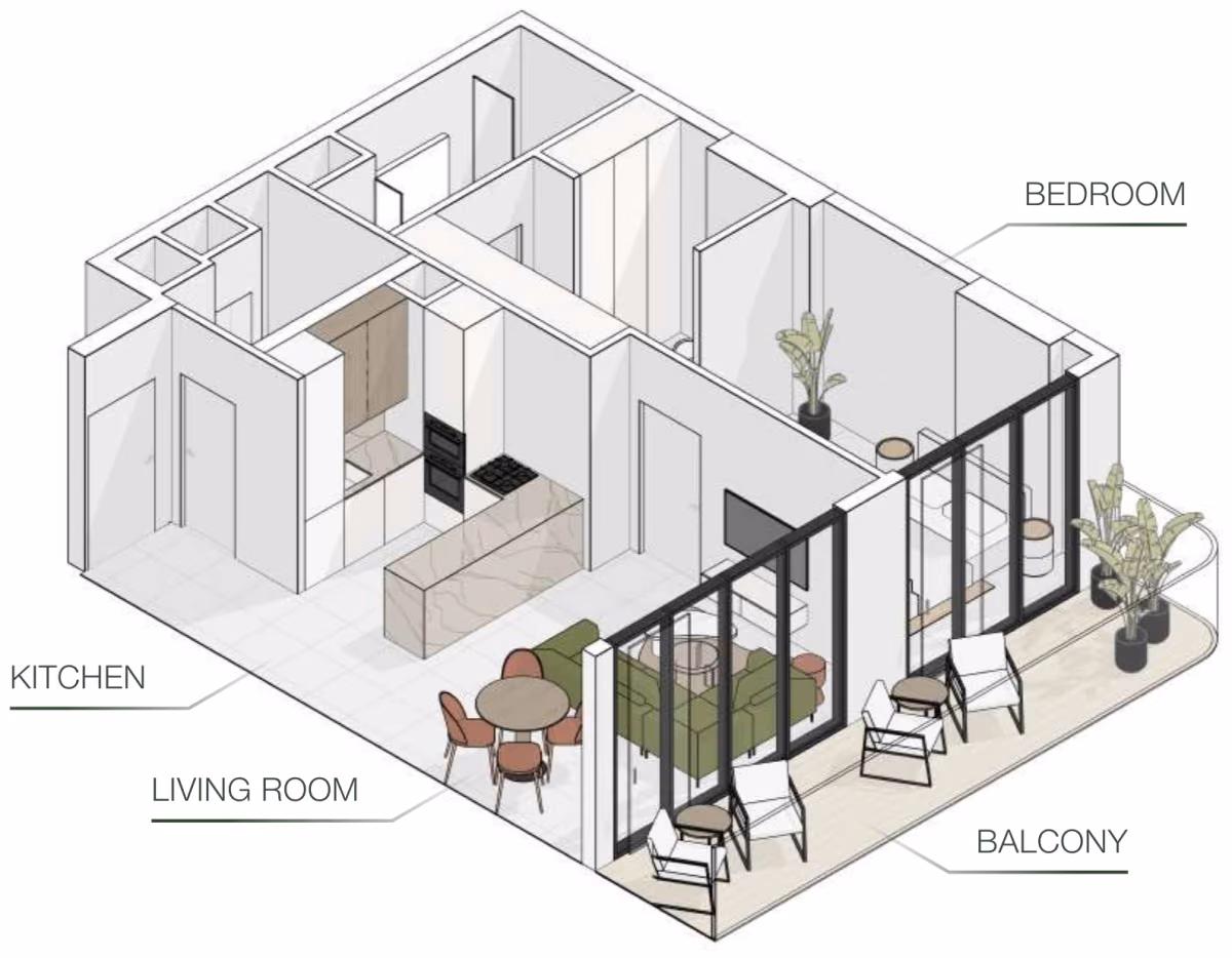 תוכנית חדר שינה אחד · Type H ב־נדל"ן להשקעה Object One EVERGR1N HOUSE, באזור Jumeirah Garden City, דובאי
