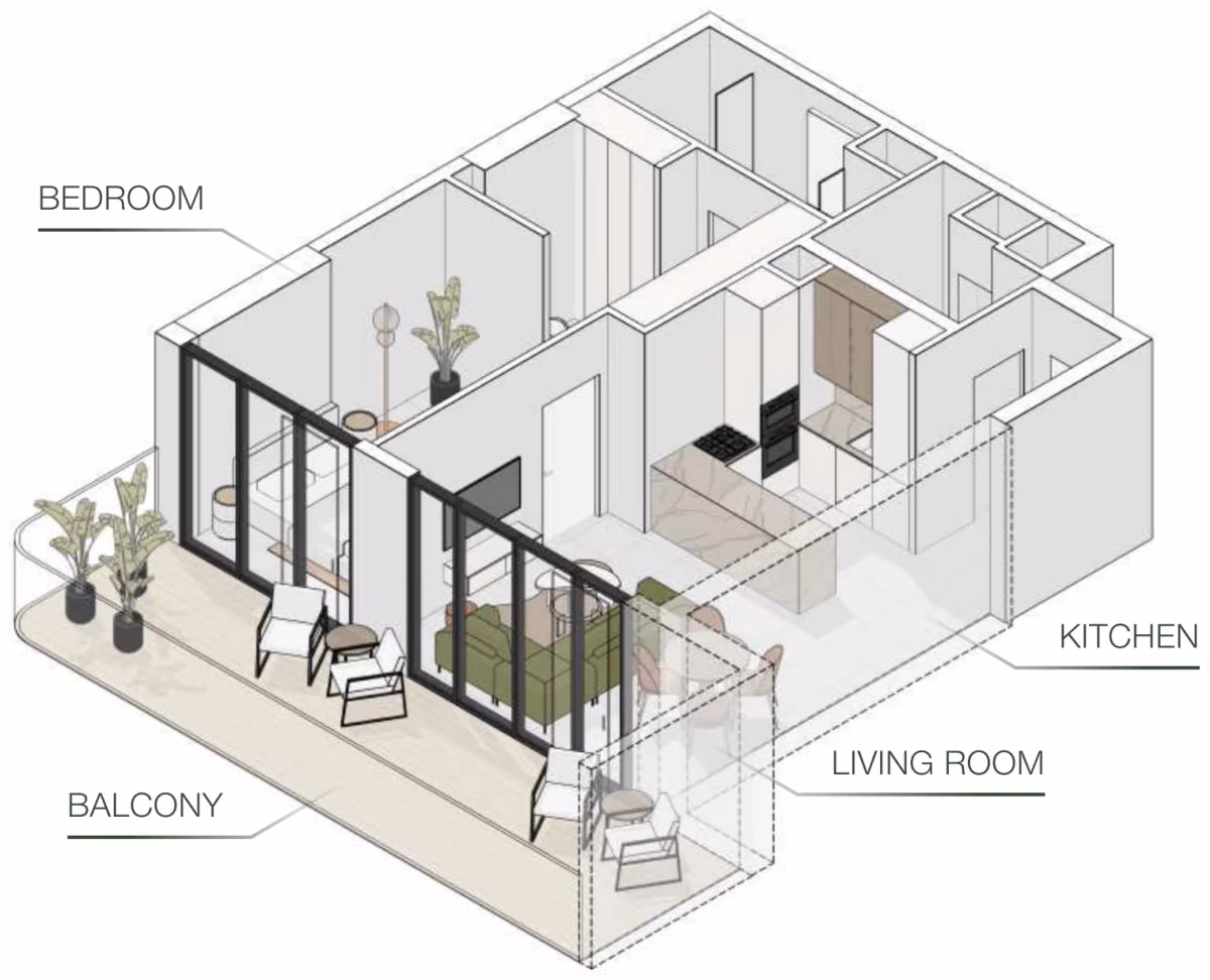 תוכנית חדר שינה אחד · Type I ב־נדל"ן להשקעה Object One EVERGR1N HOUSE, באזור Jumeirah Garden City, דובאי