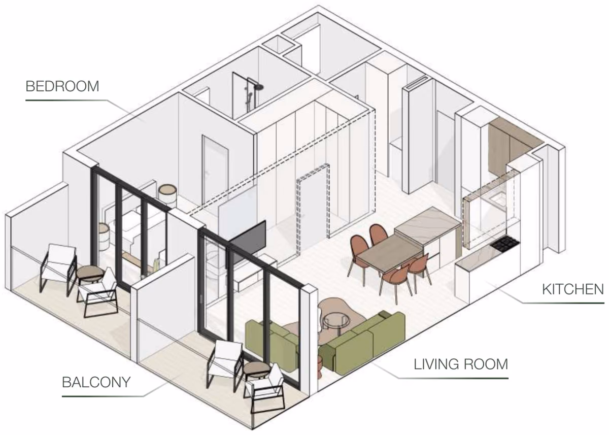 תוכנית חדר שינה אחד · Type J ב־נדל"ן להשקעה Object One EVERGR1N HOUSE, באזור Jumeirah Garden City, דובאי
