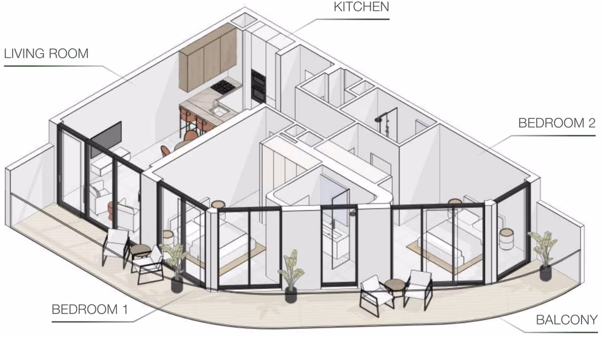 תוכנית 2 חדרי שינה · Type A ב־נדל"ן להשקעה Object One EVERGR1N HOUSE, באזור Jumeirah Garden City, דובאי