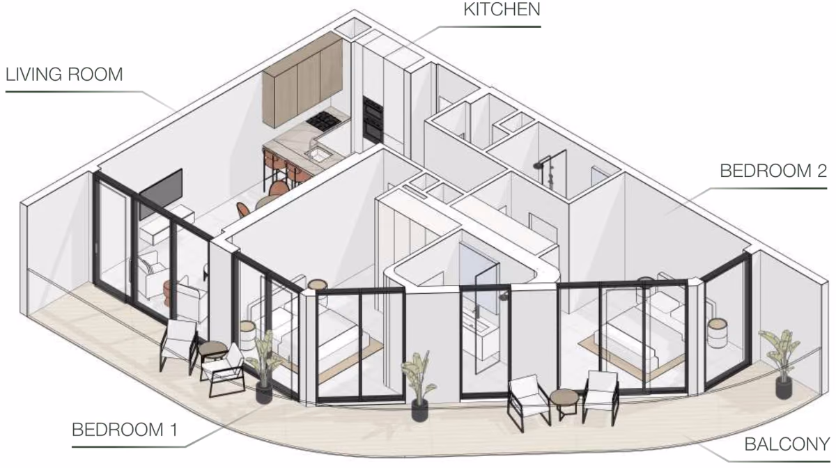 תוכנית 2 חדרי שינה · Type B ב־נדל"ן להשקעה Object One EVERGR1N HOUSE, באזור Jumeirah Garden City, דובאי