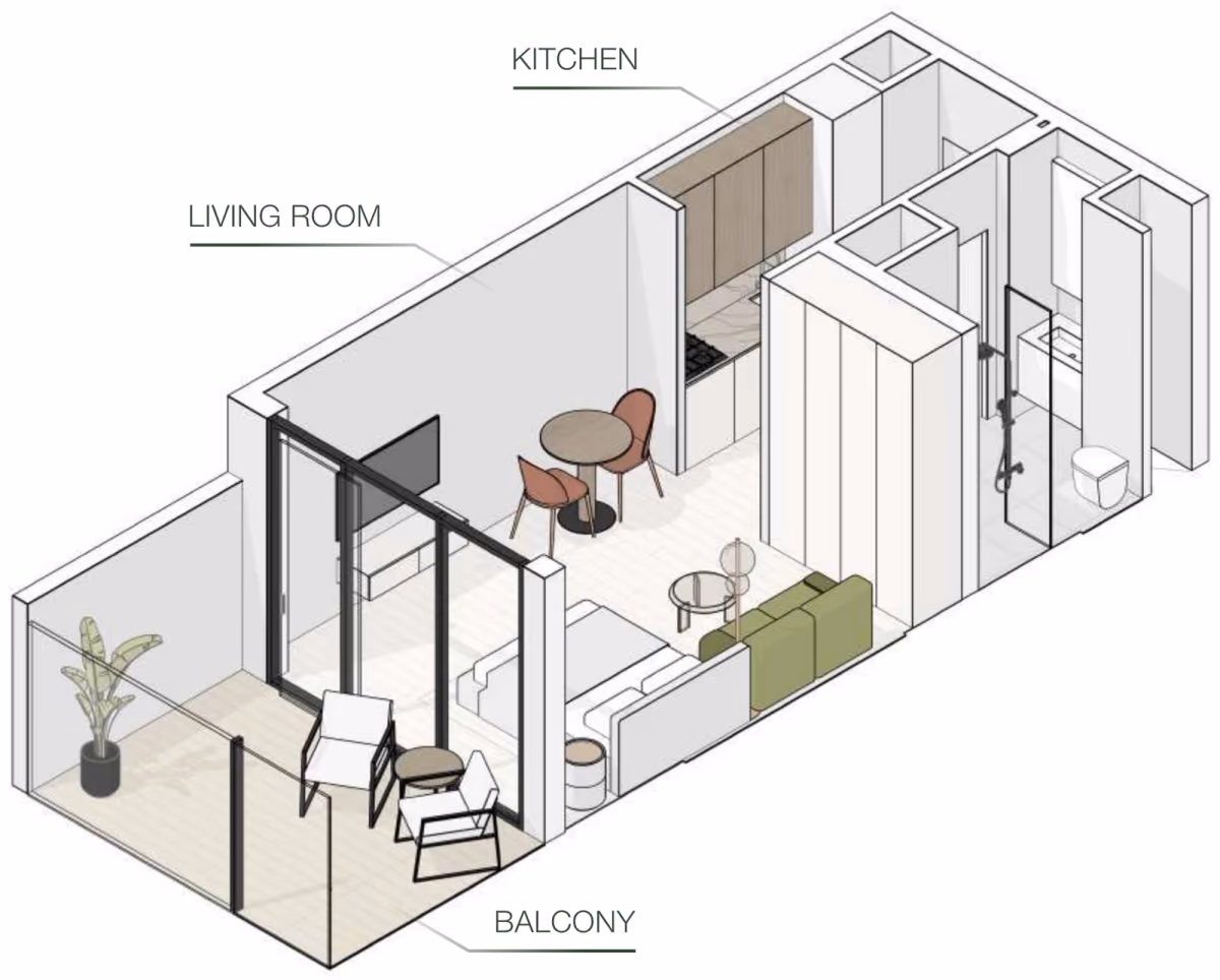 תוכנית סטודיו · Type B ב־נדל"ן להשקעה Object One EVERGR1N HOUSE, באזור Jumeirah Garden City, דובאי