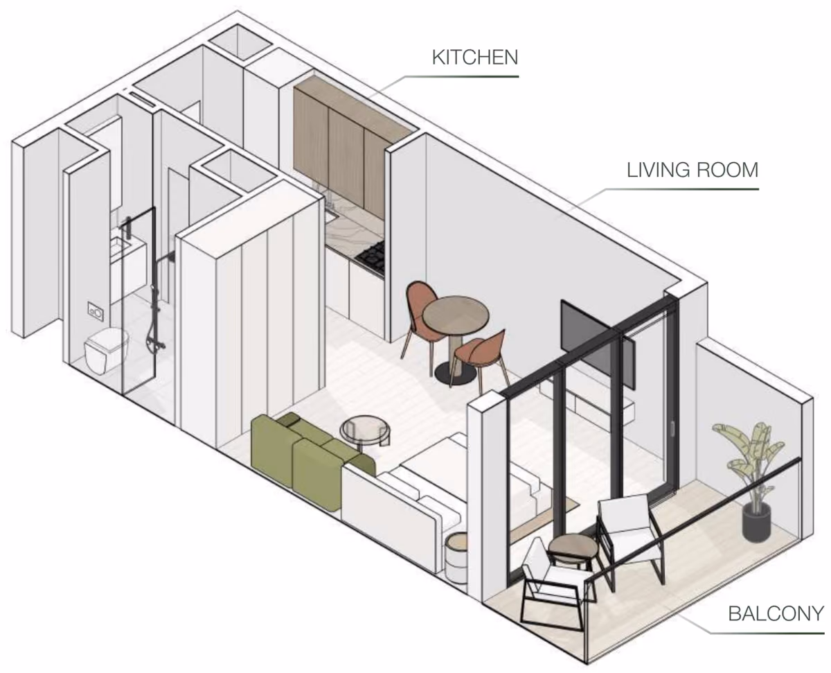 תוכנית סטודיו · Type F ב־נדל"ן להשקעה Object One EVERGR1N HOUSE, באזור Jumeirah Garden City, דובאי