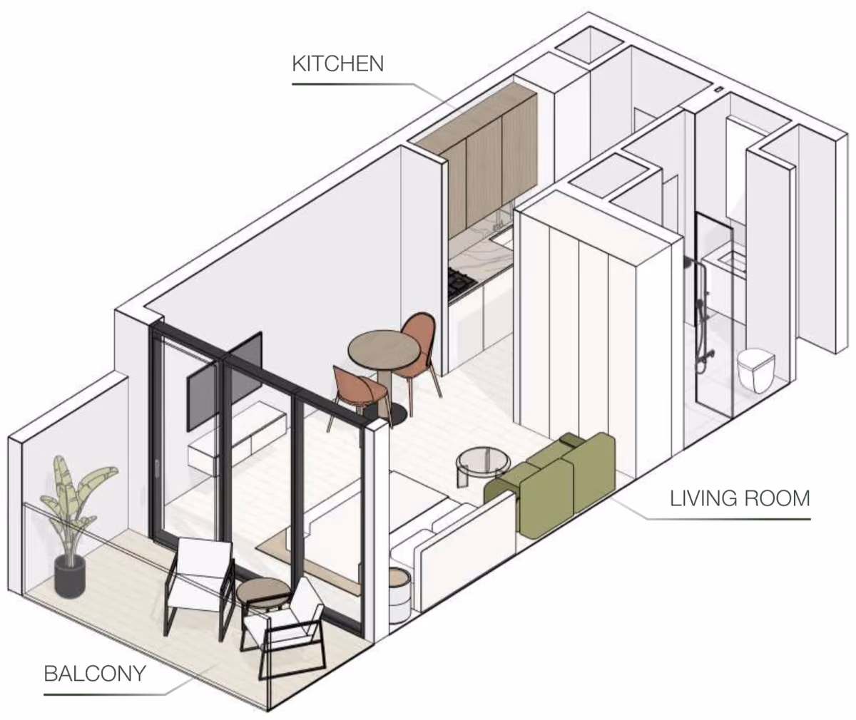 תוכנית סטודיו · Type I ב־נדל"ן להשקעה Object One EVERGR1N HOUSE, באזור Jumeirah Garden City, דובאי