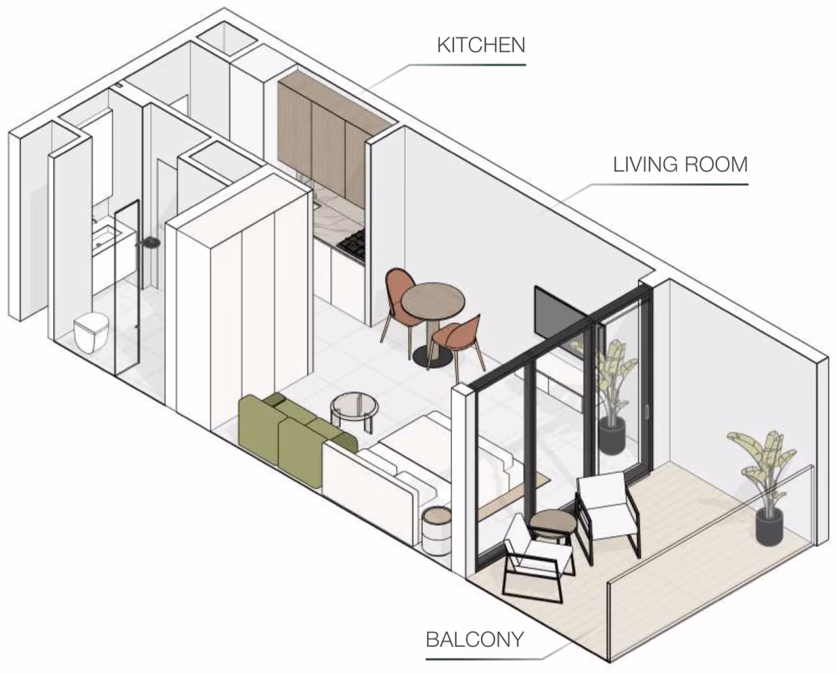 תוכנית סטודיו · Type O ב־נדל"ן להשקעה Object One EVERGR1N HOUSE, באזור Jumeirah Garden City, דובאי