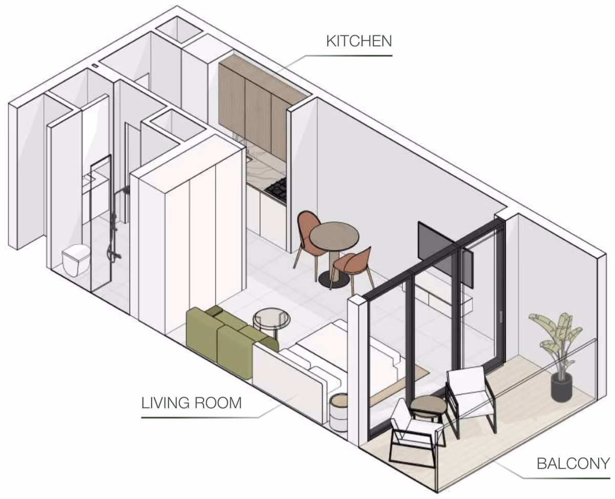תוכנית סטודיו · Type R ב־נדל"ן להשקעה Object One EVERGR1N HOUSE, באזור Jumeirah Garden City, דובאי