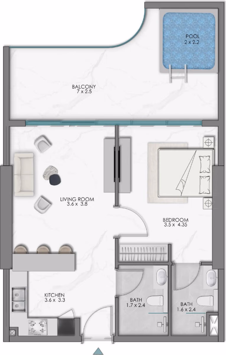 תוכנית חדר שינה אחד · Type 7 ב־נדל"ן להשקעה Samana Sky Views, באזור Production City, דובאי