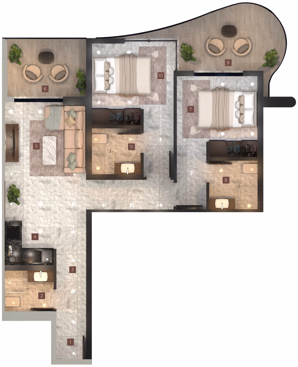 תוכנית 2 חדרי שינה · Executive ב־נדל"ן להשקעה Calisi by Zoya, באזור Dubai South, דובאי