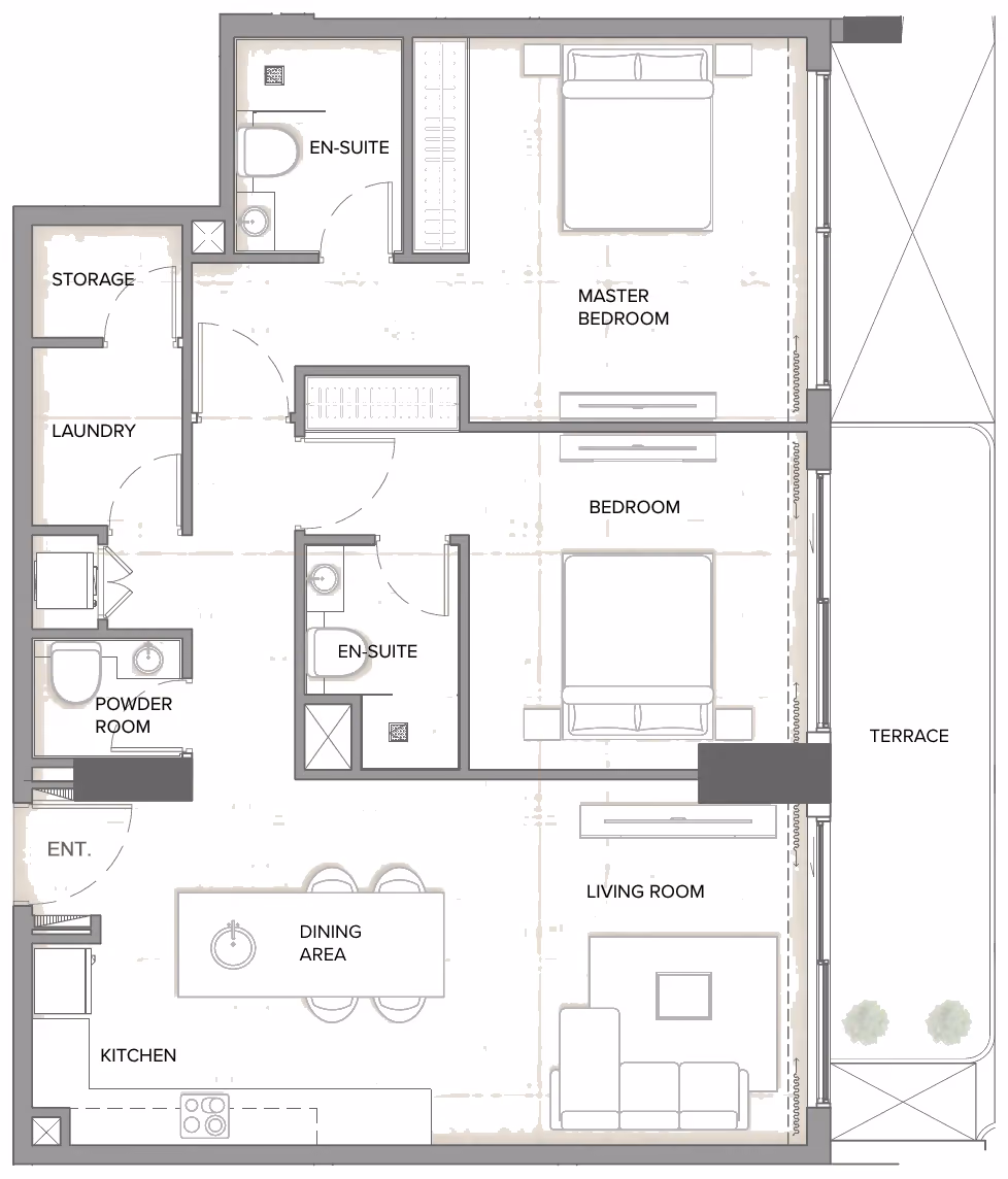 תוכנית 2 חדרי שינה · Type D2 (floors 3-9) ב־נדל"ן להשקעה Arka Enclave, באזור Dubai Islands, דובאי